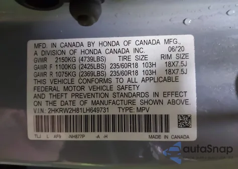 2020 Honda Cr-V Awd Ex-L from USA, damaged, VIN 2HKRW2H81LH649731